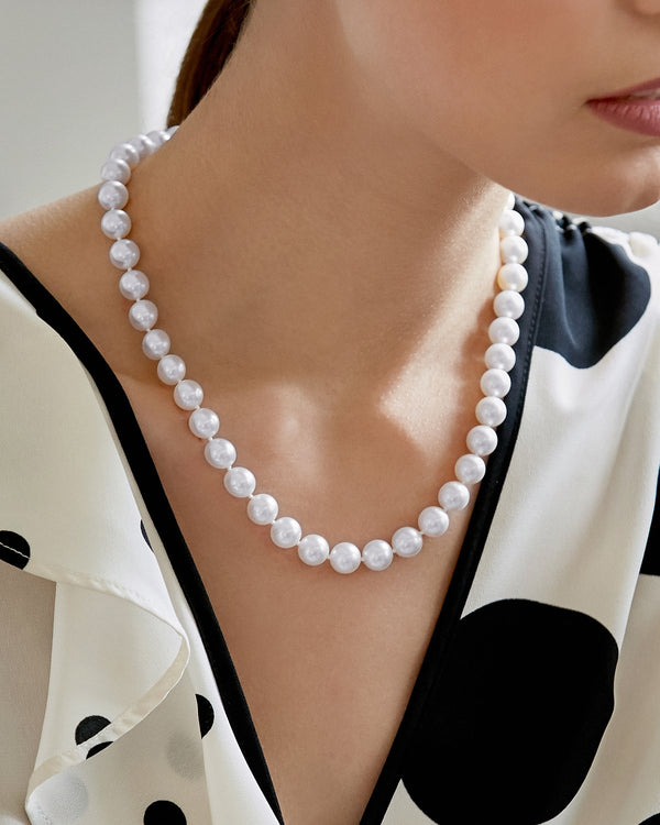 White Japanese Akoya Pearl Necklace, 9.5-10.0mm - AA+ Quality 20 Matinee Length / Ball Clasp 14K Yellow Gold