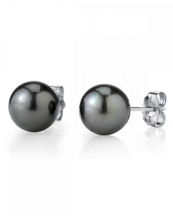 18K Tahitian Pearl Stud Earrings, Natural Color and fashion High Luster, dark Color 10 mm, 18 Karats Solid White Gold