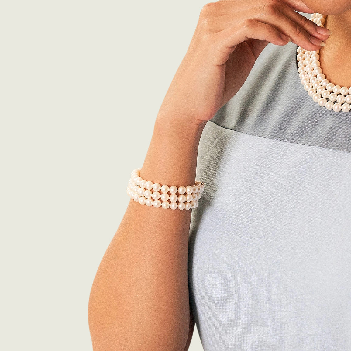 Triple White Freshwater Pearl Bracelet - Model Image