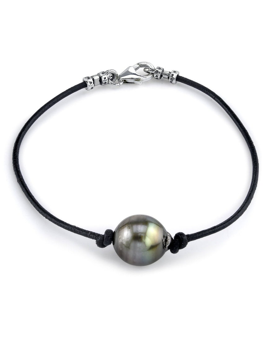 Tahitian pearl bracelet, tahitian black pearl and australian leather  bracelet for men or women