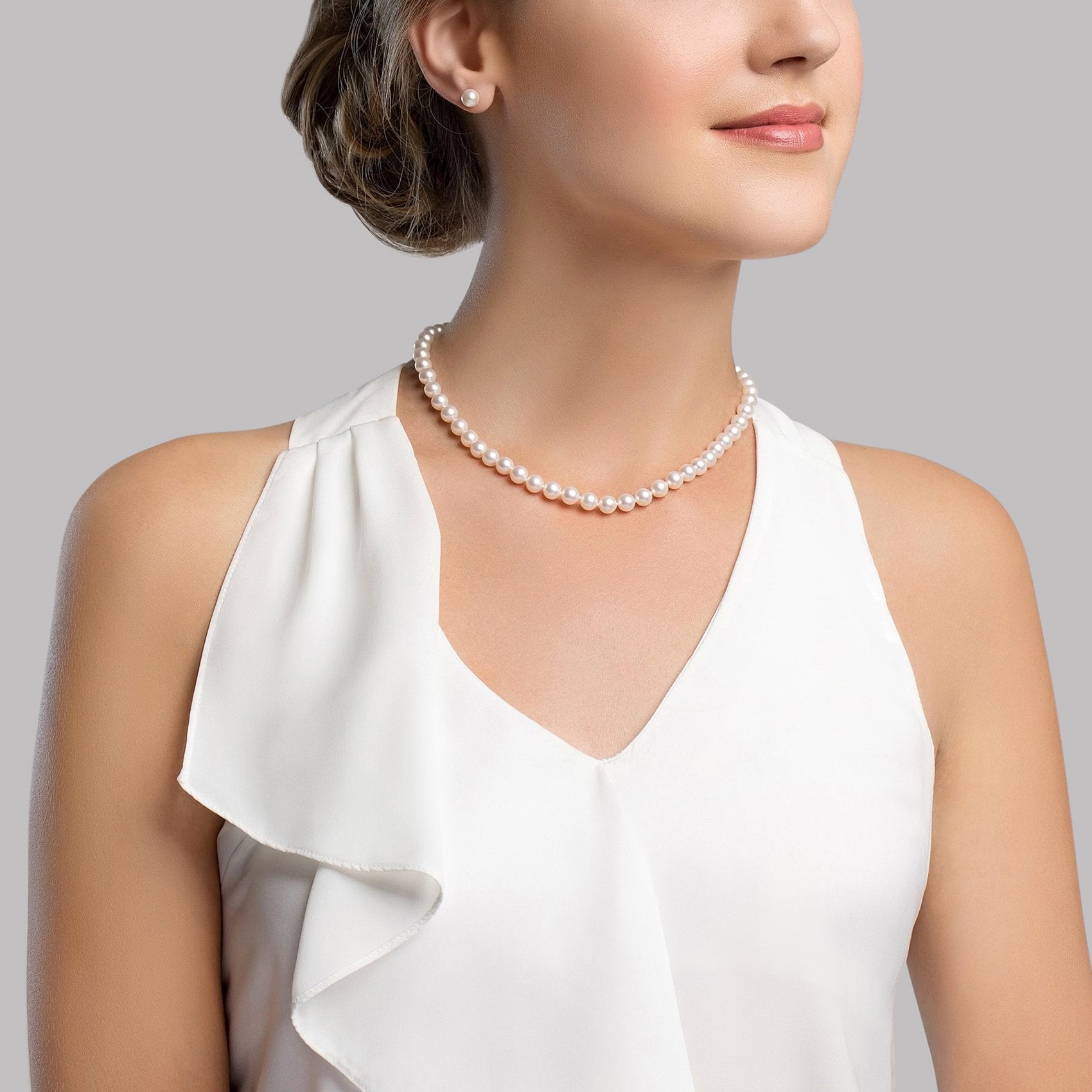 Hanadama Japanese White Akoya Pearl Necklace, 6.0-6.5mm - Pure Pearls