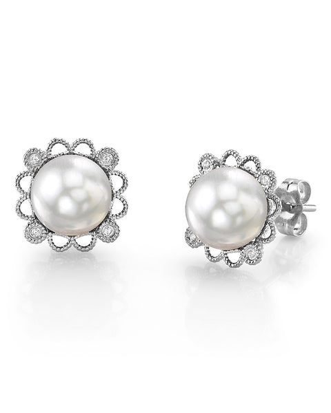 White South Sea Pearl & Diamond Couronne Earrings 14K White Gold / 8mm AAAA Quality